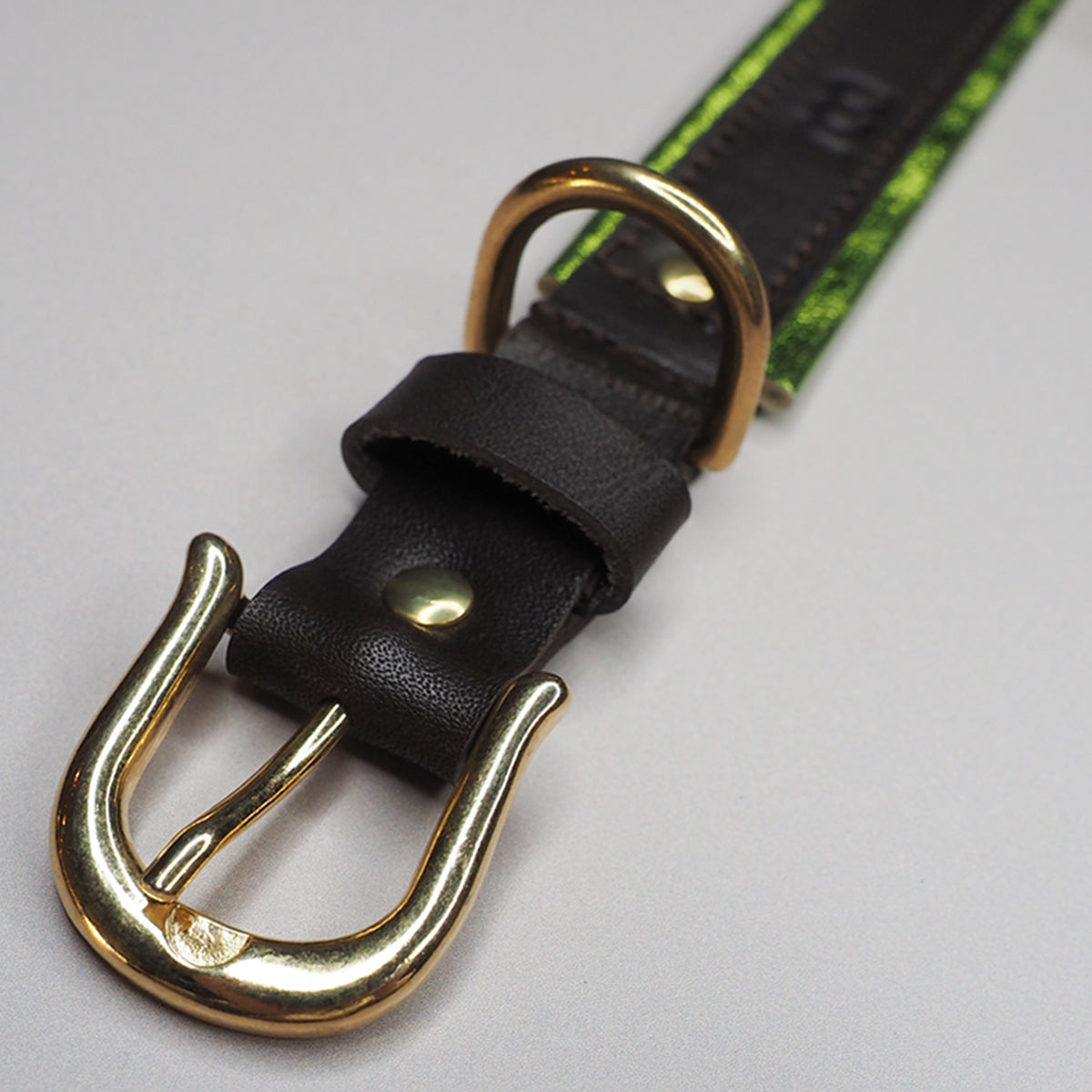 Hundehalsbånd i brunt skinn med grønn metallic detaljer - medium