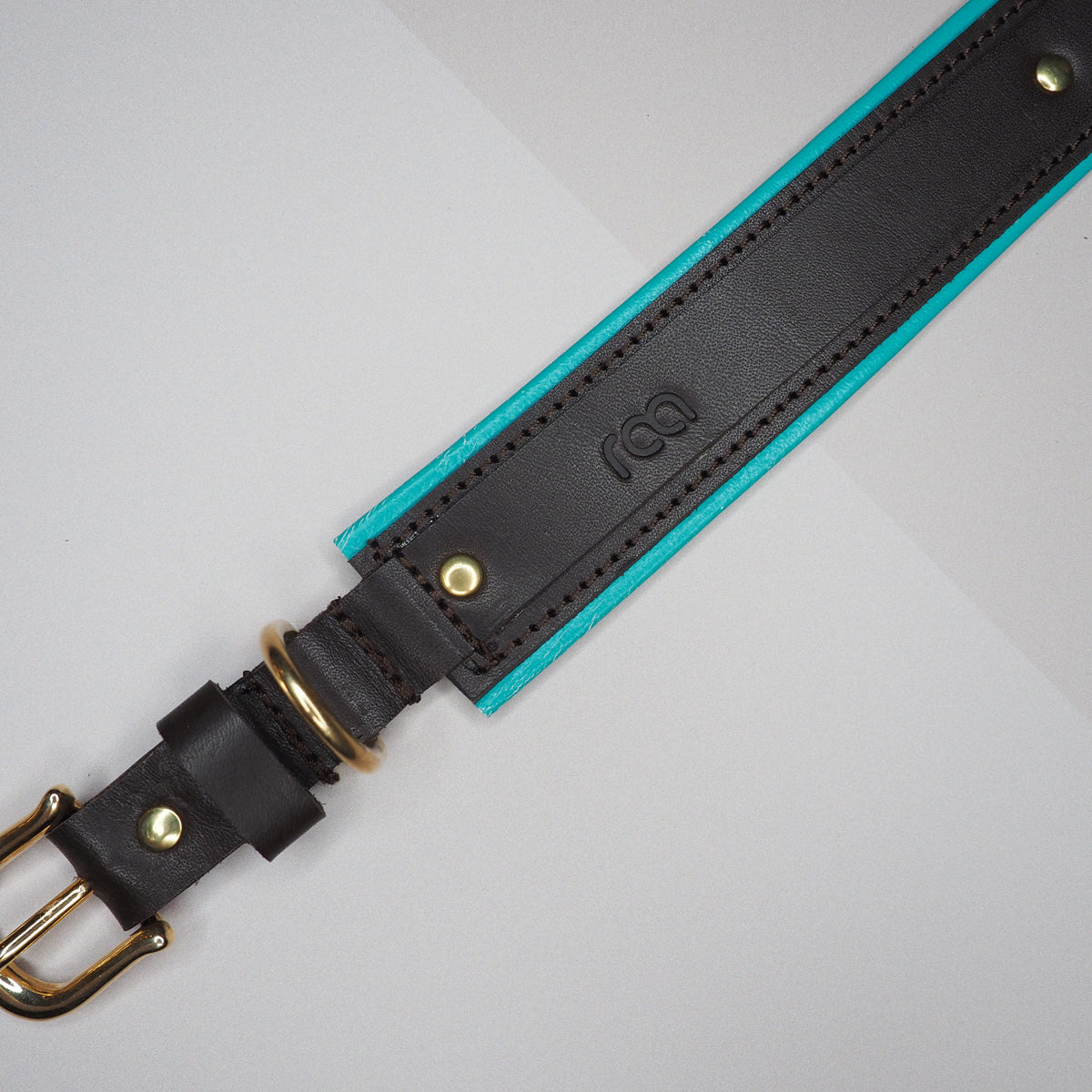 Hundehalsbånd i brunt skinn med turkise detaljer - large