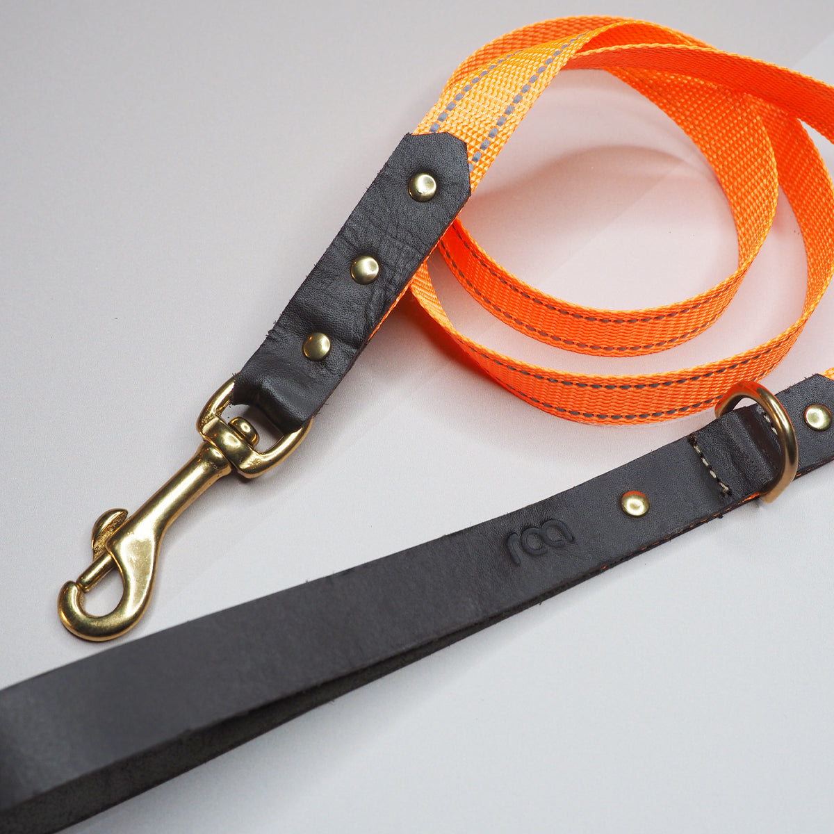 Hundebånd, orange m/reflex og brunt skinn